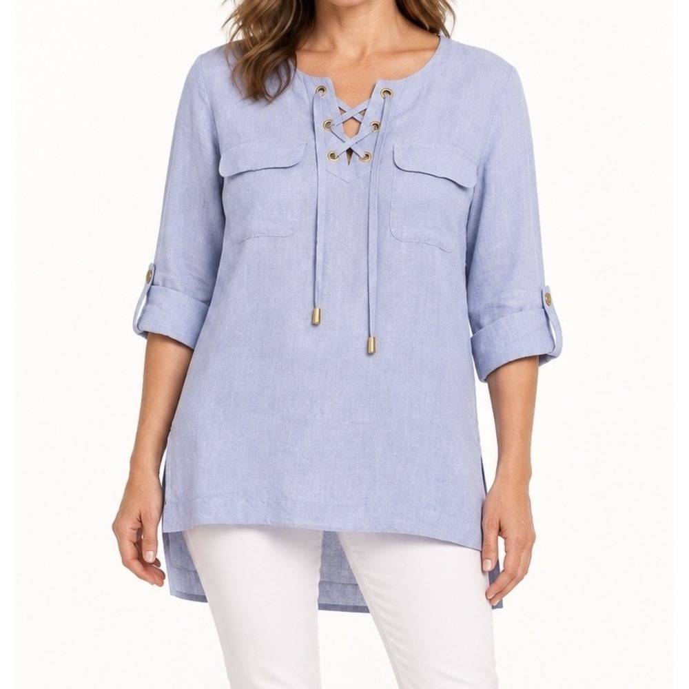 Ellen Tracy Women's S Blue 3/4 Roll Up Sleeve 100% Linen Tunic Top Blouse Pocket